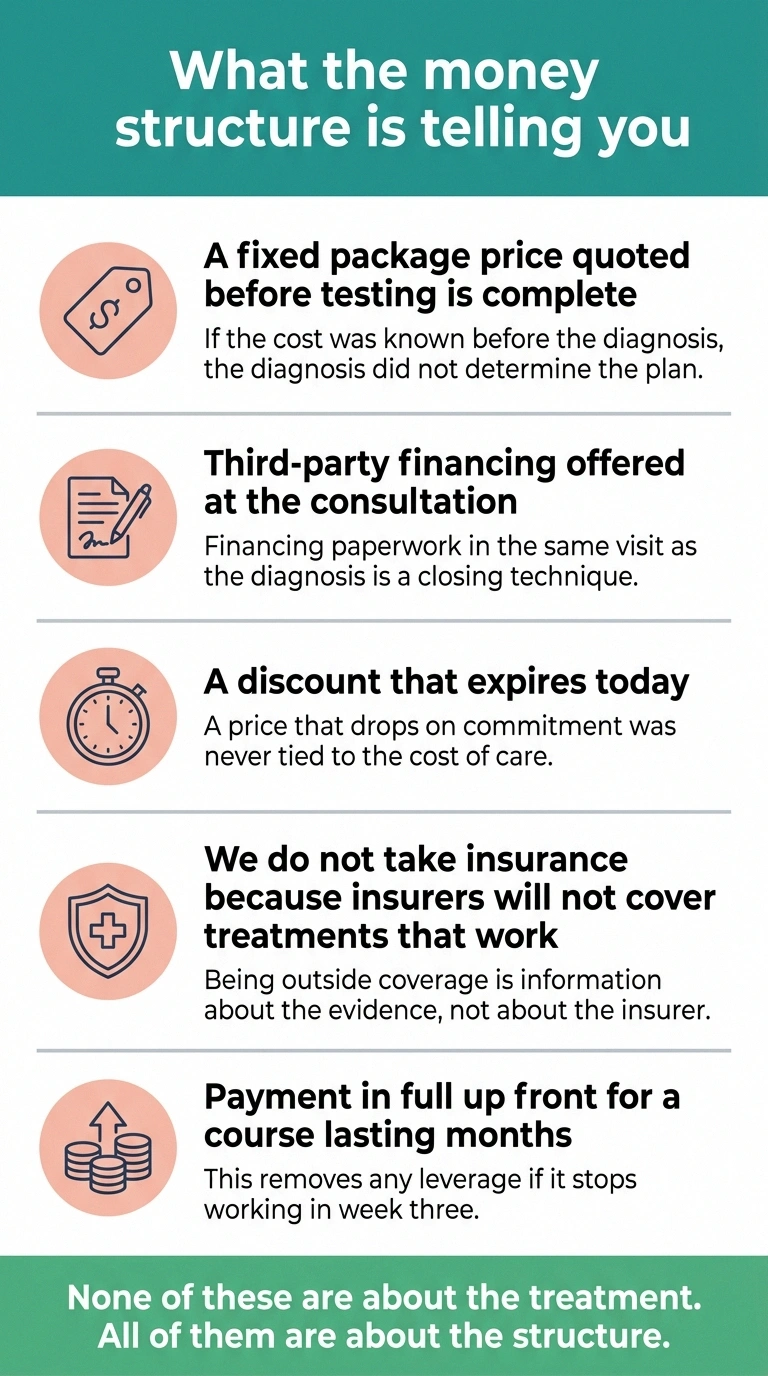 Checklist of five payment structure warning signals with plain-language explanations