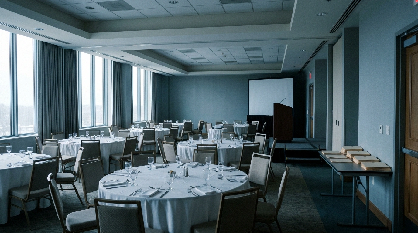 An empty banquet room with round tables, a lectern and blank screen