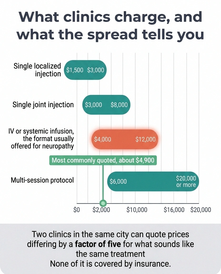 Range chart of exosome therapy prices from single injections to multi-session protocols