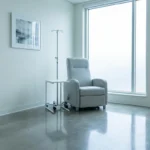 An empty private infusion room with a single reclining chair and an unused IV stand