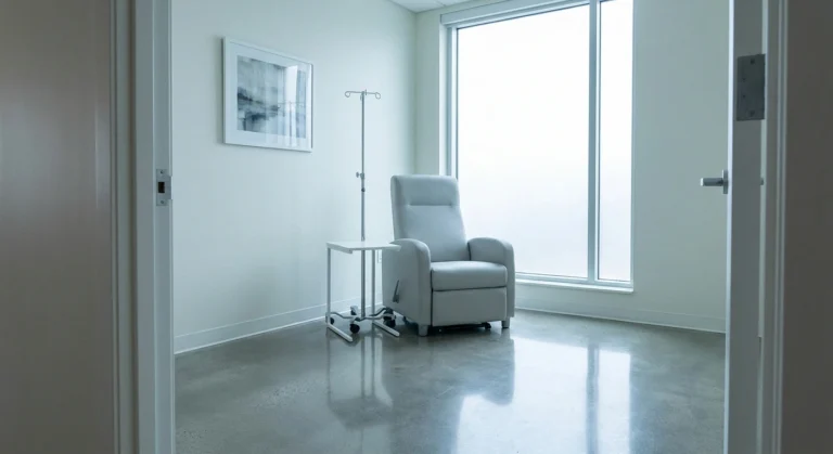 An empty private infusion room with a single reclining chair and an unused IV stand