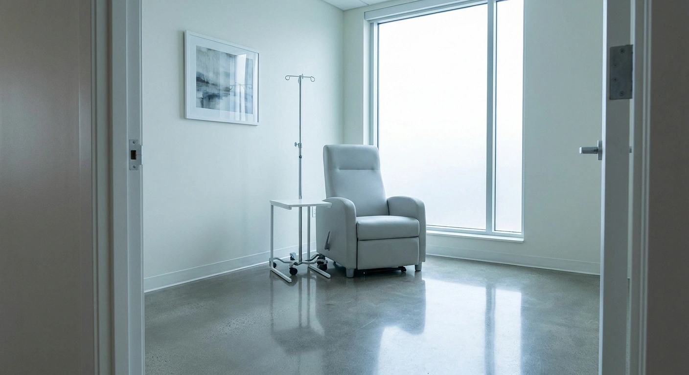 An empty private infusion room with a single reclining chair and an unused IV stand