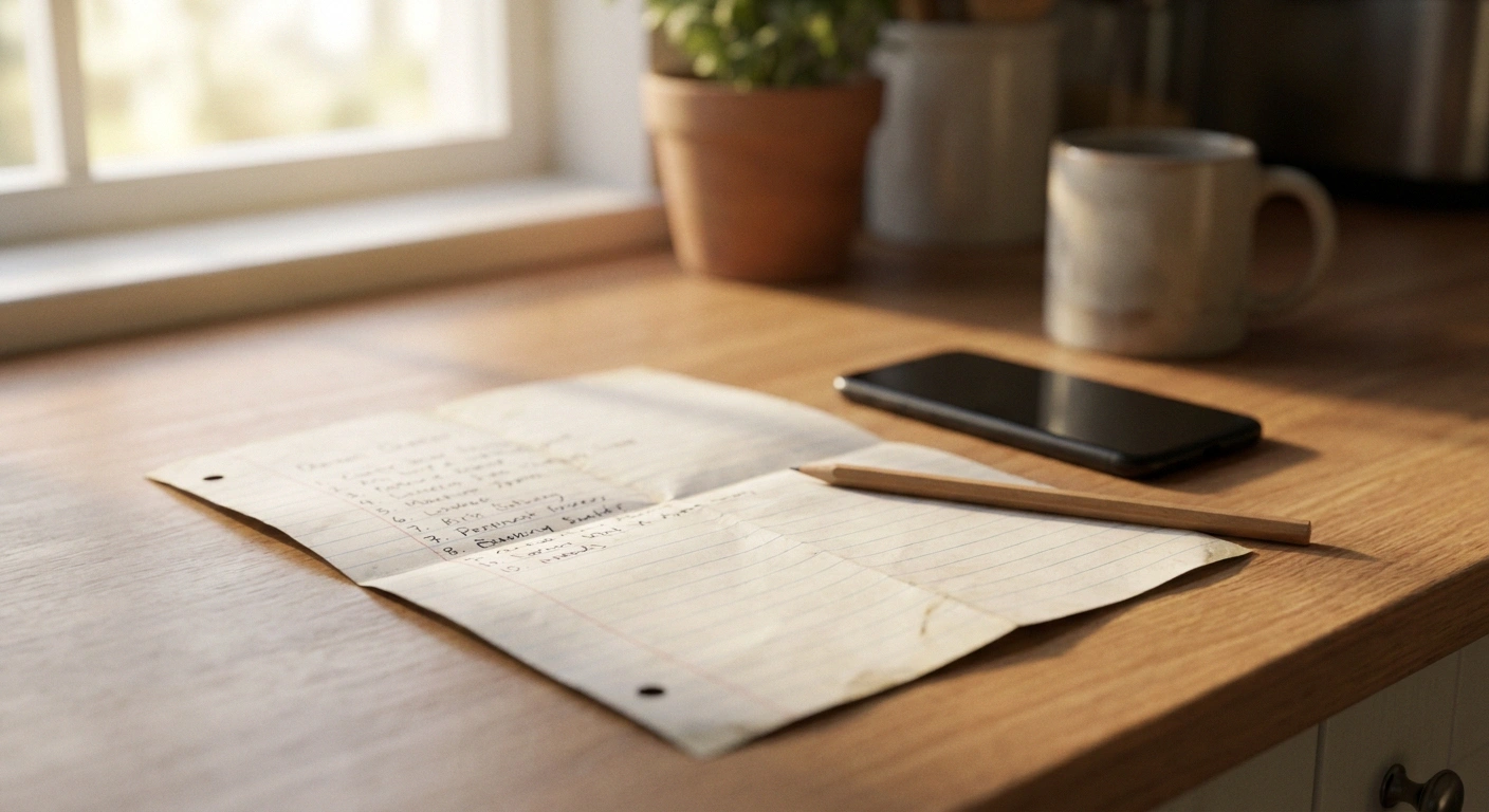 A handwritten numbered list on lined notepaper resting on a kitchen counter