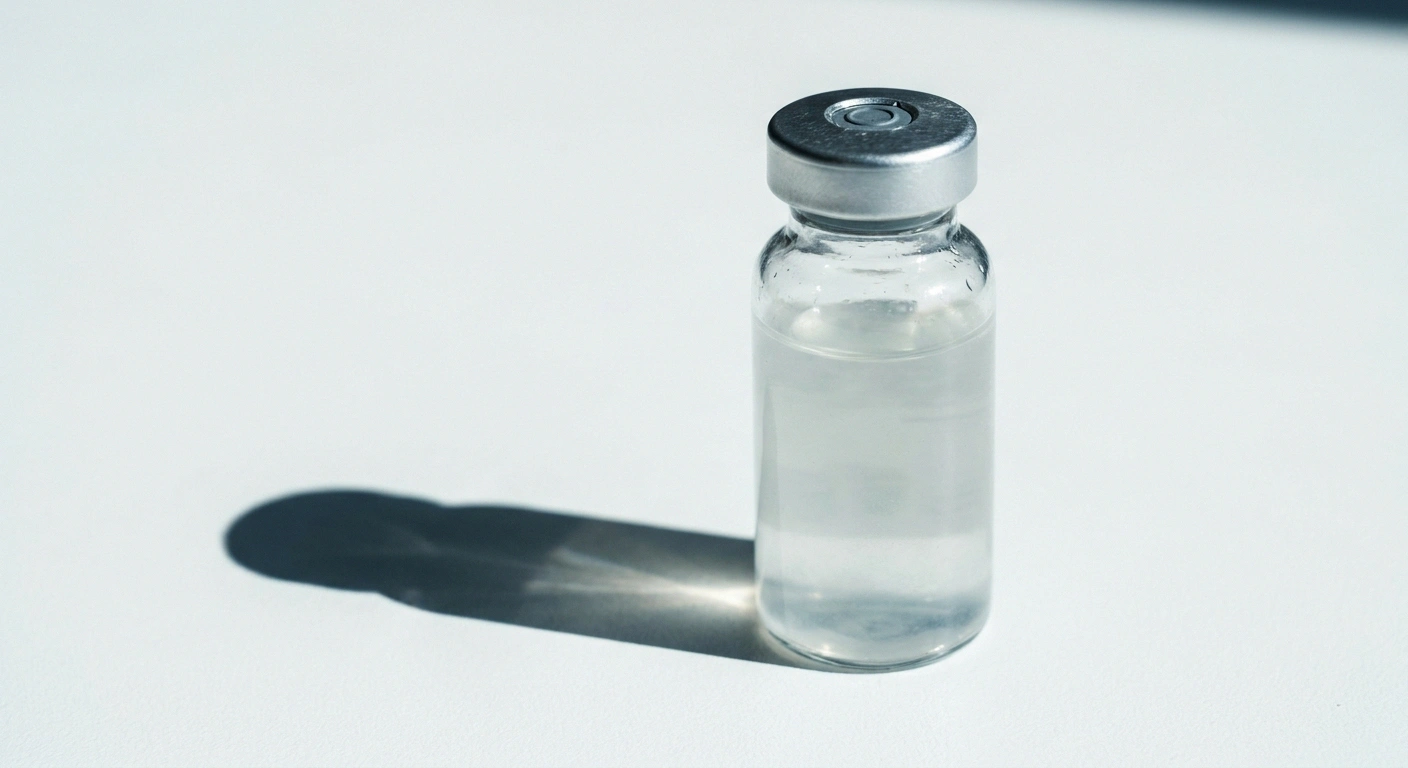 A single unlabeled glass vial with a metal cap on a white surface under hard light
