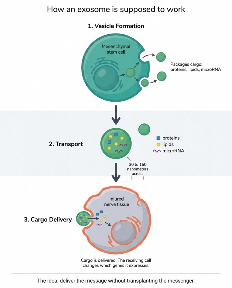 Three-stage diagram showing an exosome budding from a stem cell and fusing with a nerve cell
