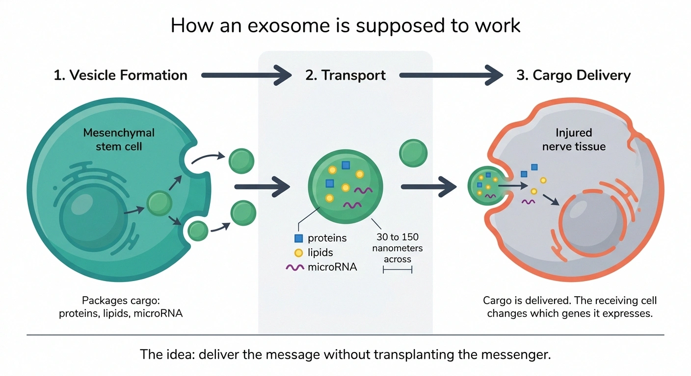 Three-stage diagram showing an exosome budding from a stem cell and fusing with a nerve cell