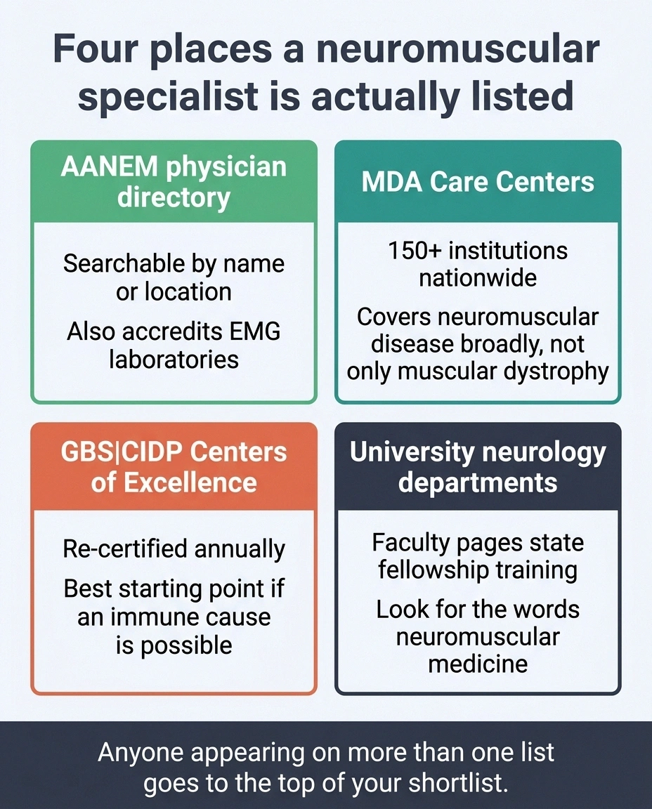 Four-card layout naming the directories that list neuromuscular specialists