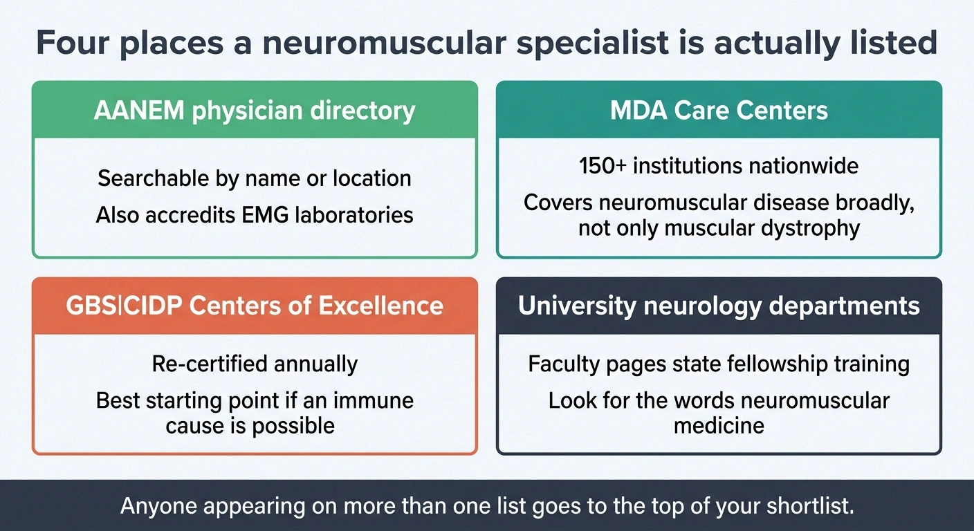 Four-card layout naming the directories that list neuromuscular specialists