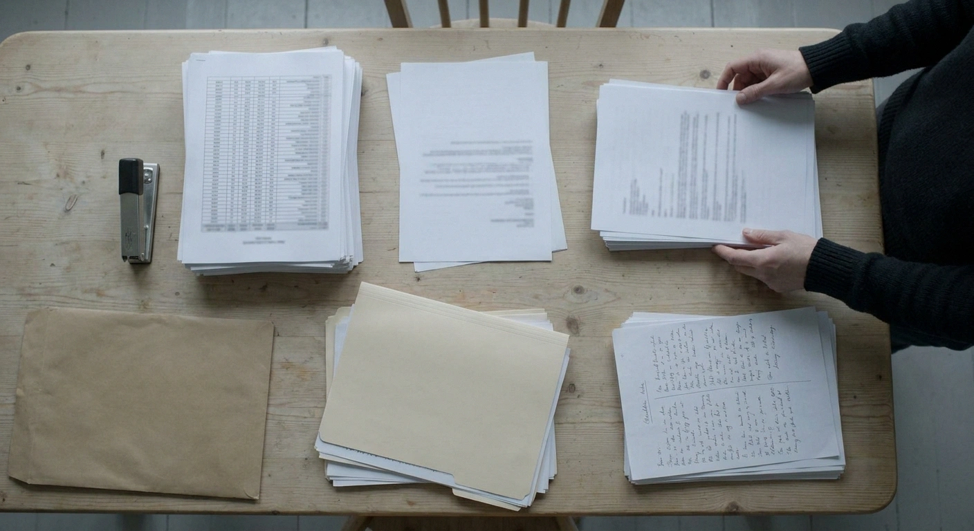 Overhead view of assembled medical records, a medication list and an envelope on a table