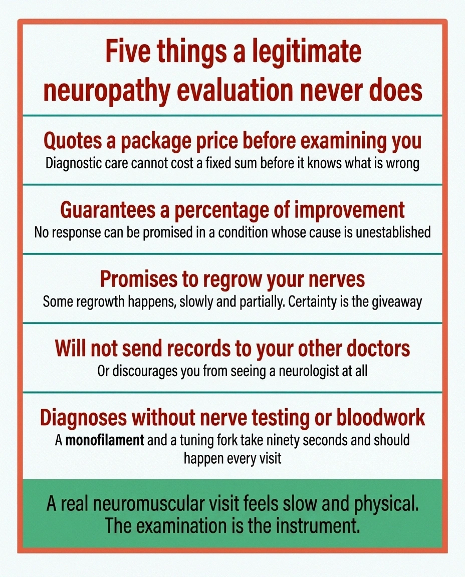 Five-row warning panel listing what a legitimate neuropathy evaluation never does