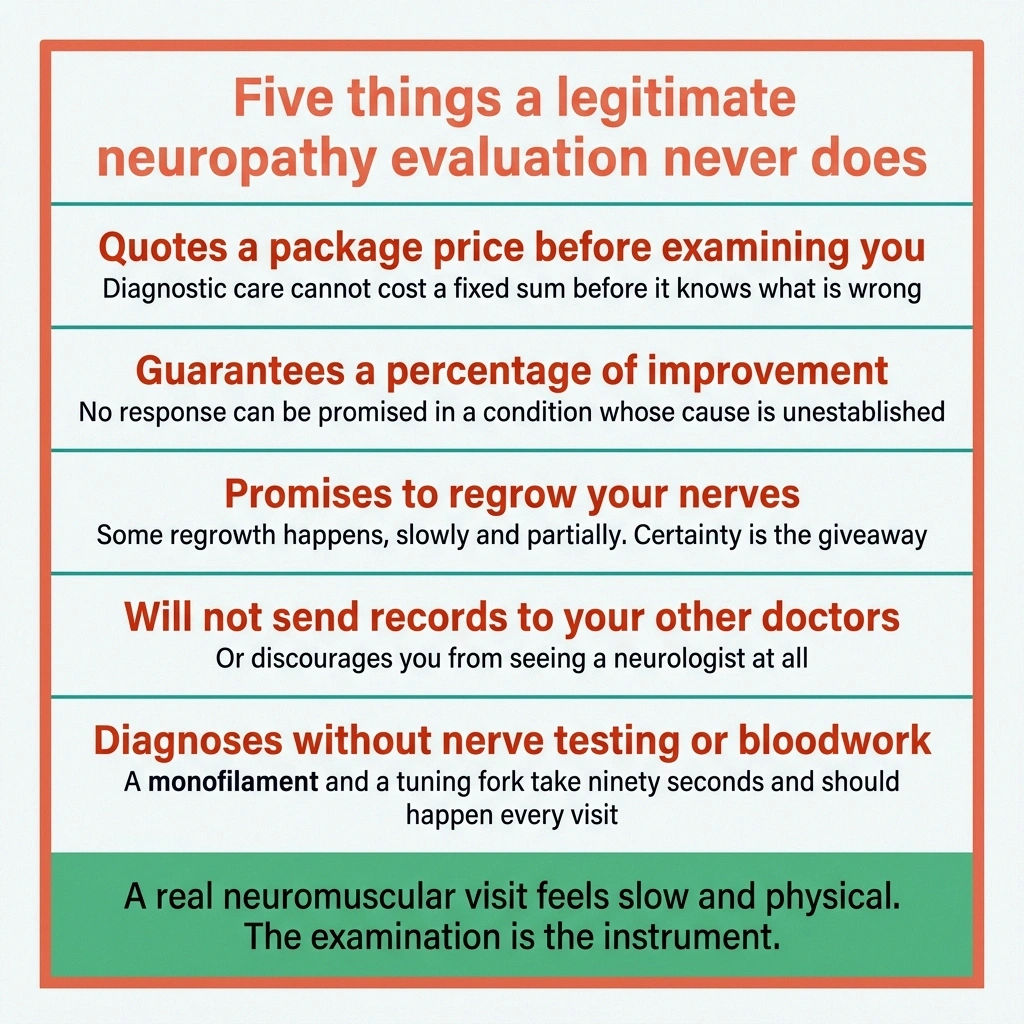 Five-row warning panel listing what a legitimate neuropathy evaluation never does