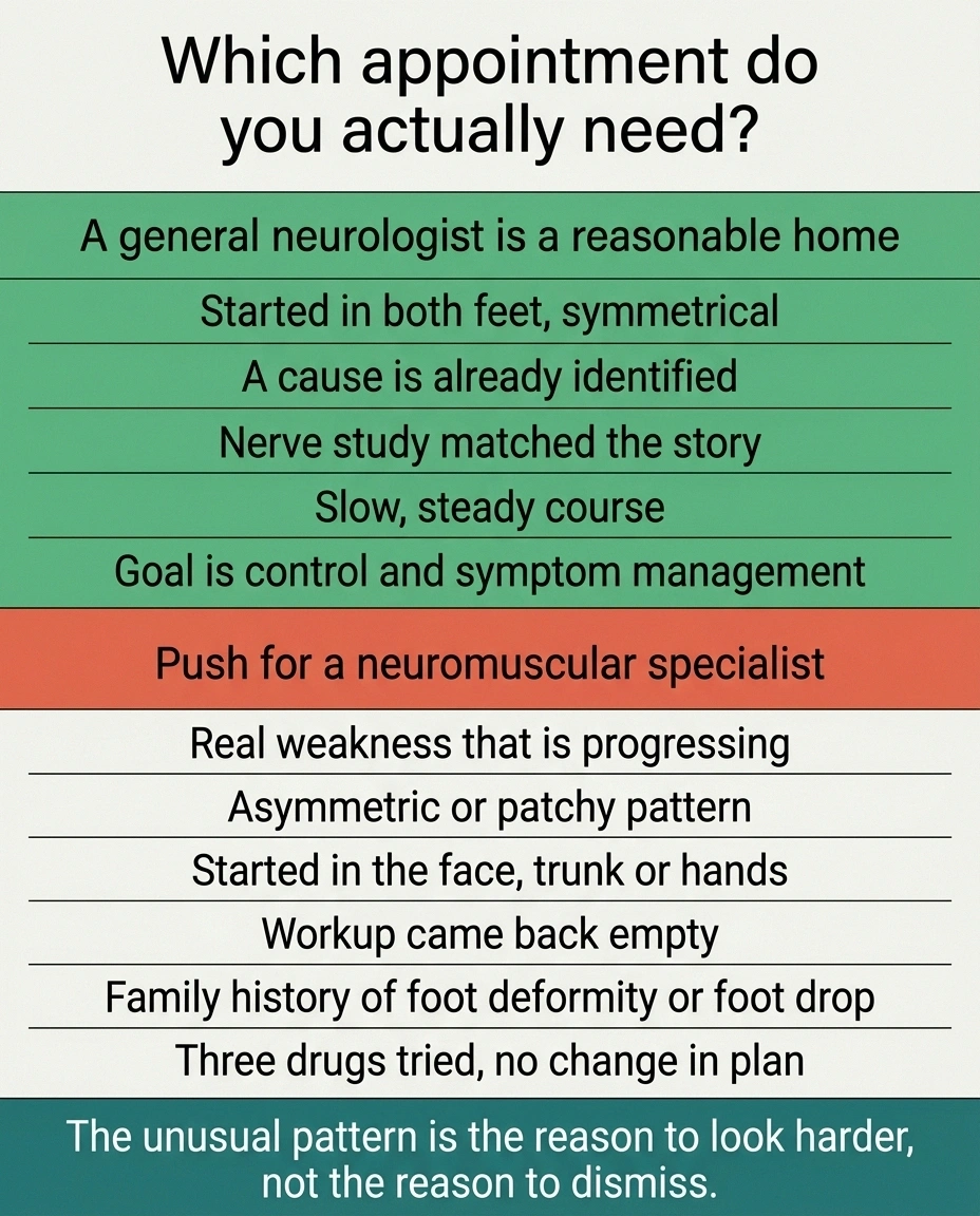 Two-column chart comparing when a general neurologist suffices and when a specialist is needed