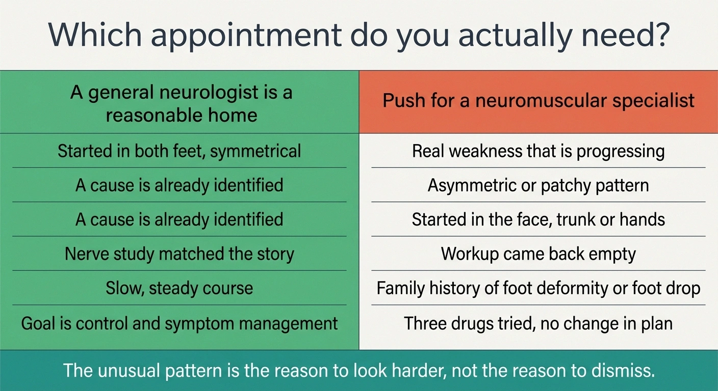 Two-column chart comparing when a general neurologist suffices and when a specialist is needed
