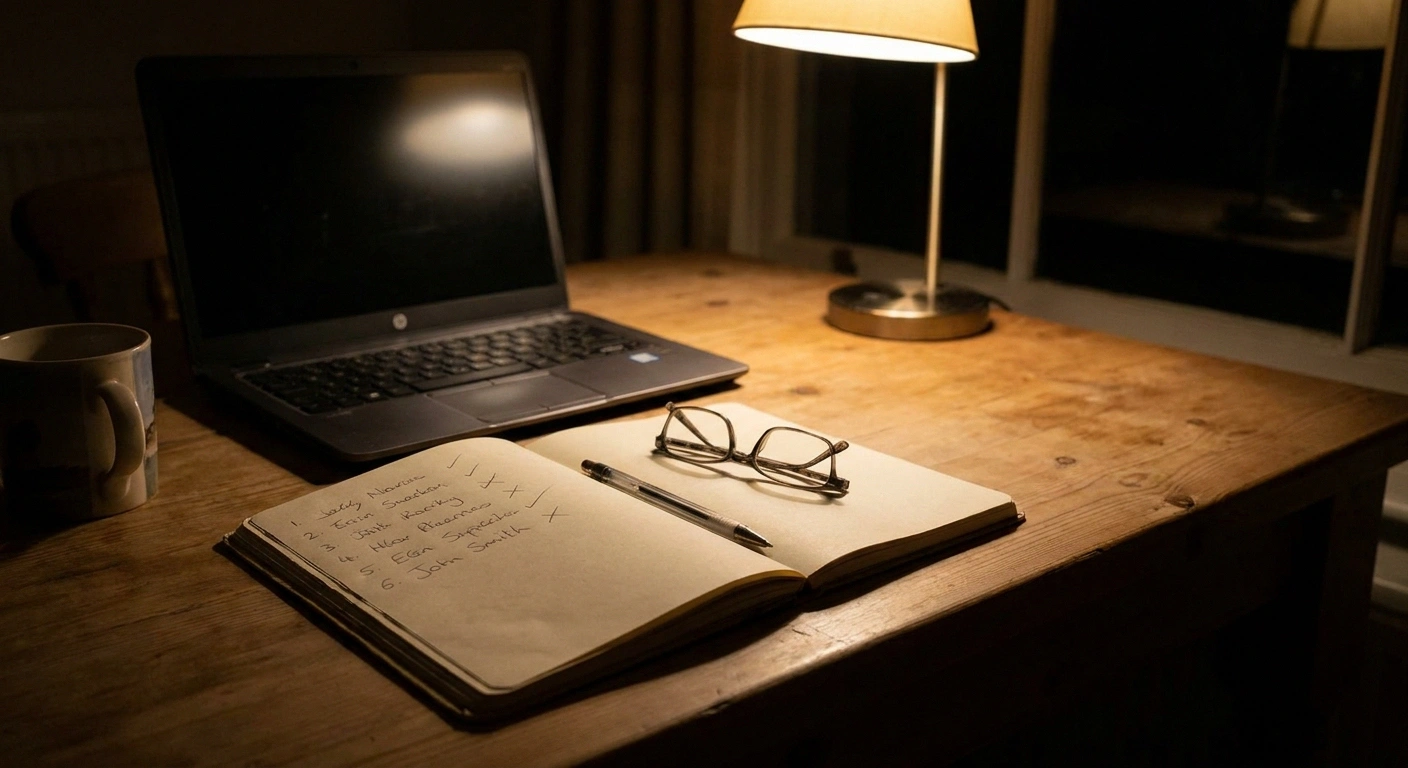 Kitchen table at night with a notebook of shortlisted names, glasses and a closed dark laptop