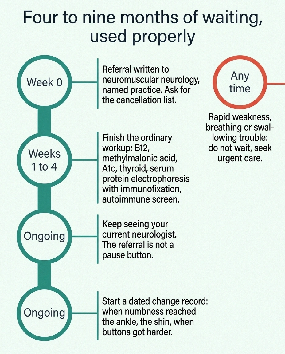 Horizontal timeline showing what to complete during a four to nine month specialist wait