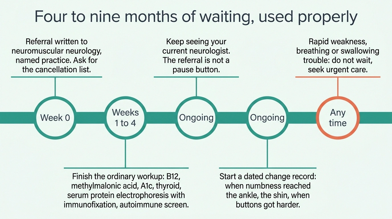 Horizontal timeline showing what to complete during a four to nine month specialist wait