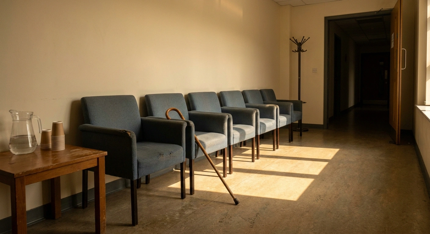 Empty clinic waiting area with late afternoon sunlight across the floor and a walking stick on a chair
