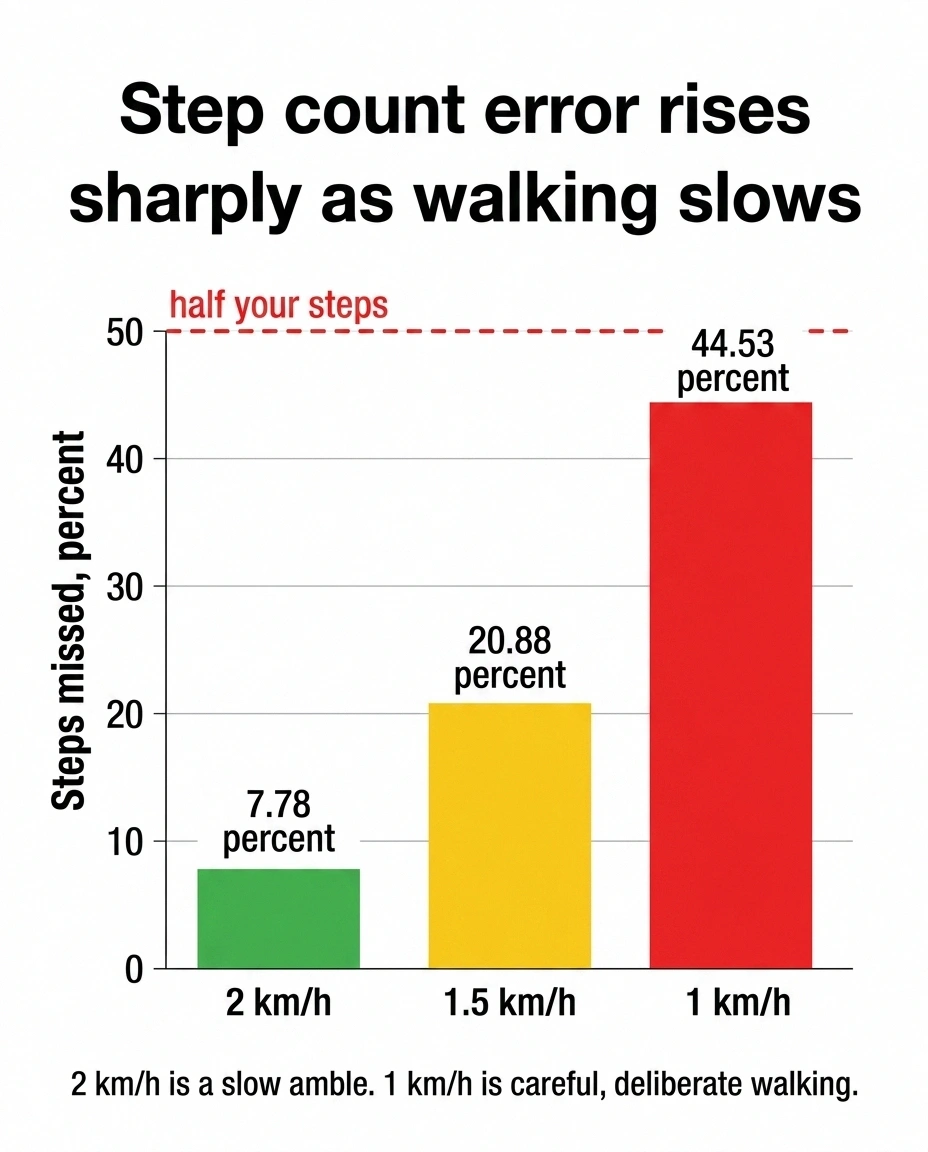 Bar chart showing step count error rising from 7.78 to 44.53 percent as speed drops
