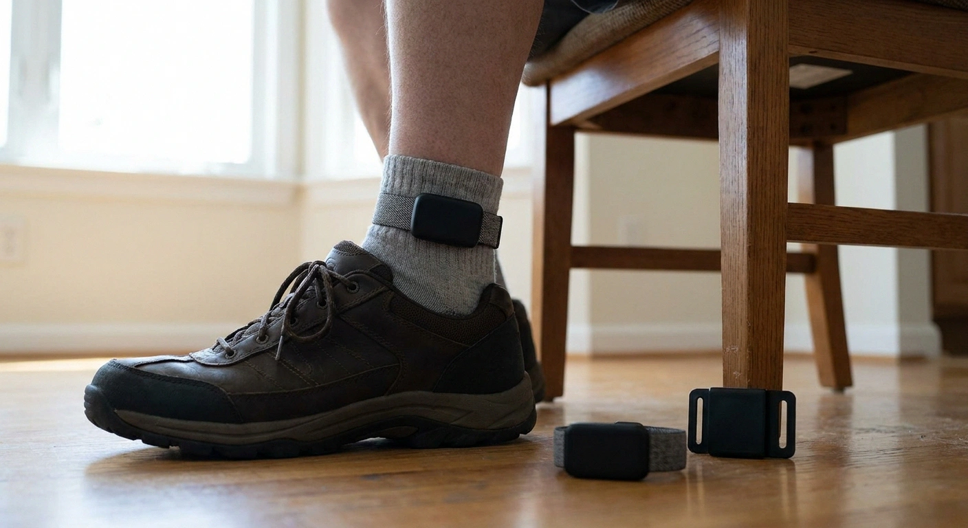 Small fitness tracker strapped to an ankle above a walking shoe