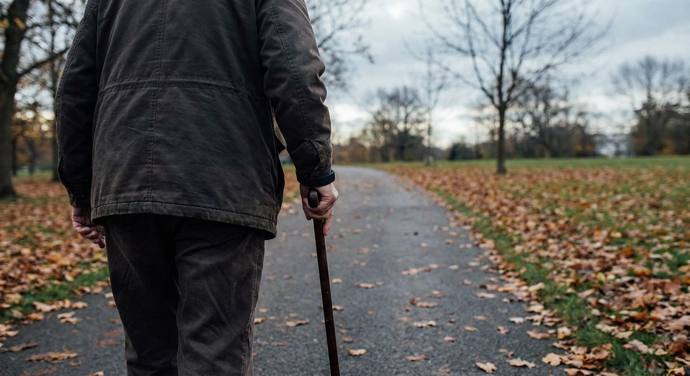 Older person walking with a cane, a fitness band on the still gripping wrist