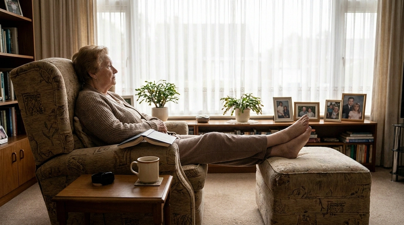 Older woman resting in an armchair with her watch left on the side table