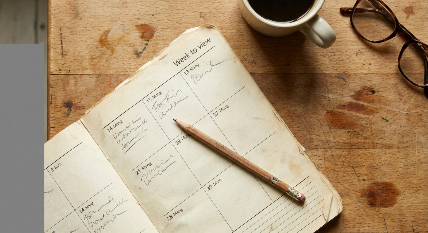 Week-to-view paper planner with pencilled daily numbers and a pencil resting on it