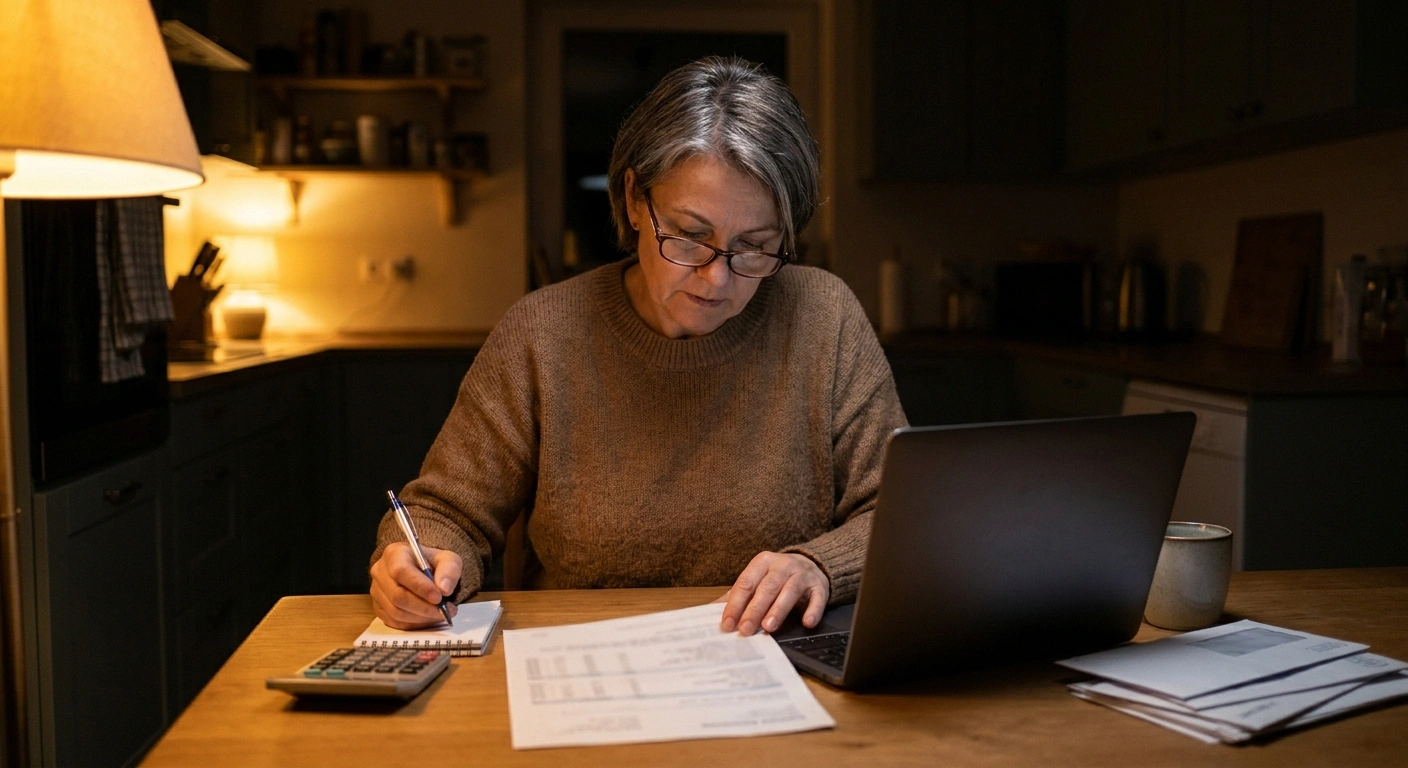 Woman at a kitchen table at night working through pay statements and notes