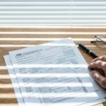 Multi-page medical leave form on a desk with pen and reading glasses