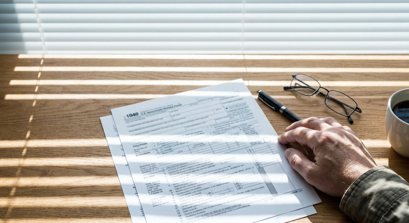 Multi-page medical leave form on a desk with pen and reading glasses