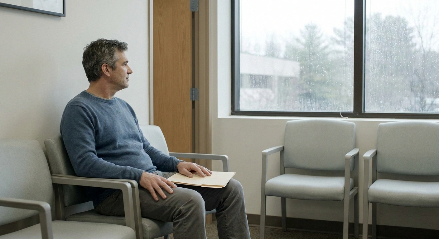 Man waiting in a clinic seating area holding a folder of paperwork