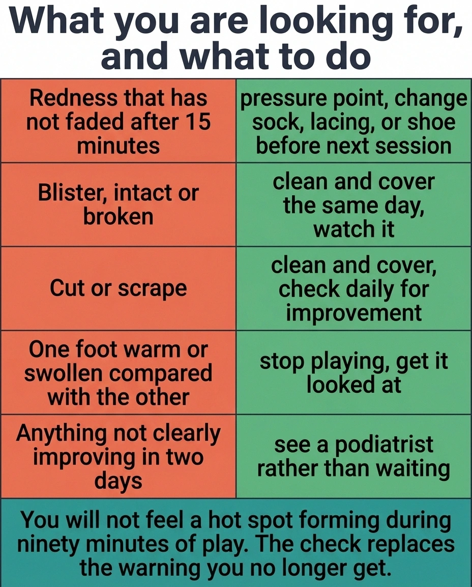 Table of foot findings to look for after playing and the action for each