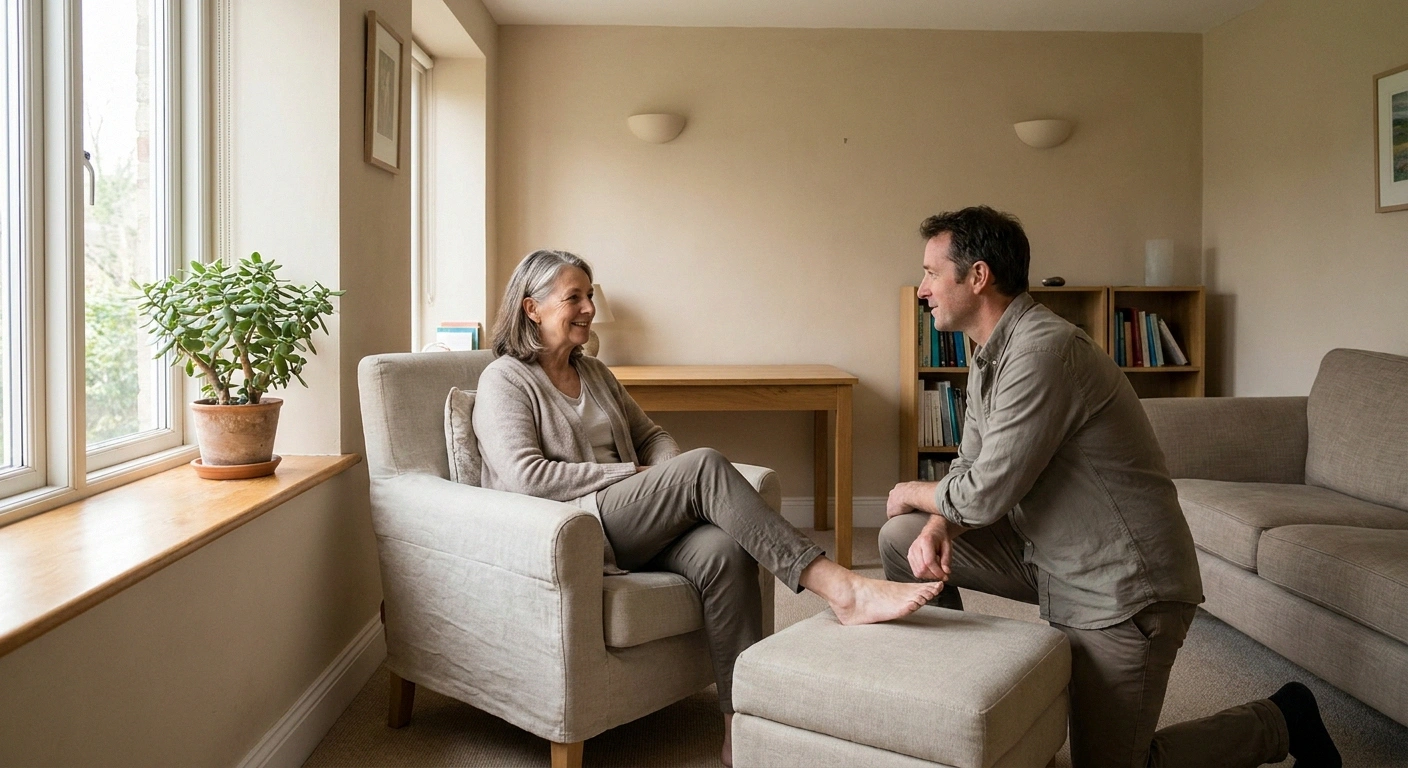 Woman talking with a clinician kneeling beside her foot on a stool.