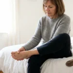 Woman pressing her thumb into the top of her bare foot.