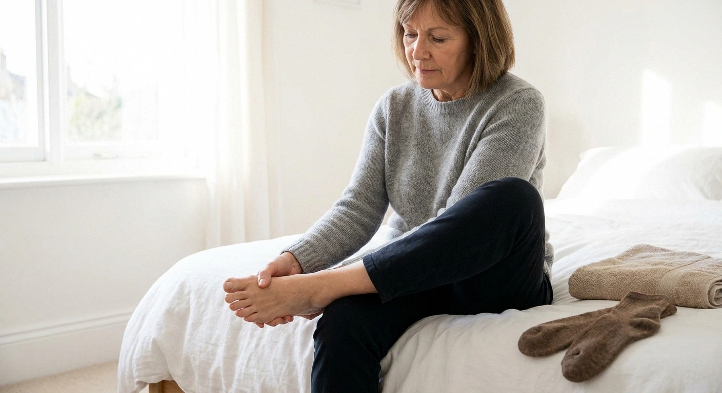Woman pressing her thumb into the top of her bare foot.