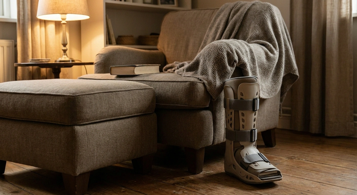 Plain walking boot beside an armchair with a footstool and blanket.