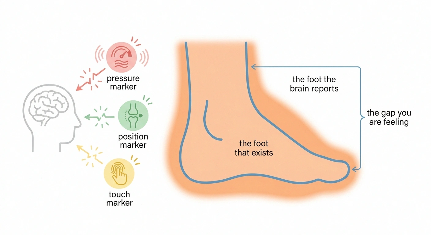 Diagram overlaying a normal foot outline with a larger perceived outline.