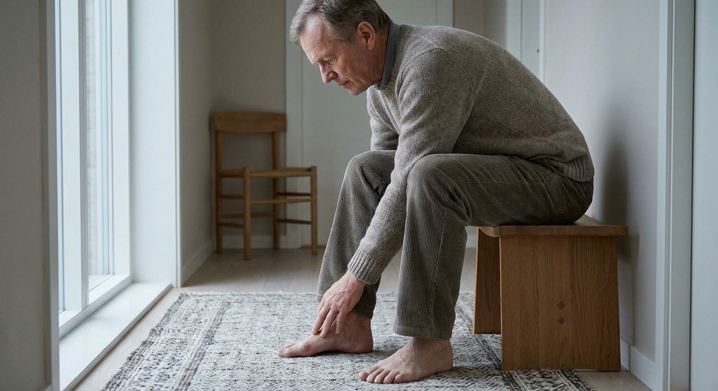 Man comparing foot temperature with the back of his hand.