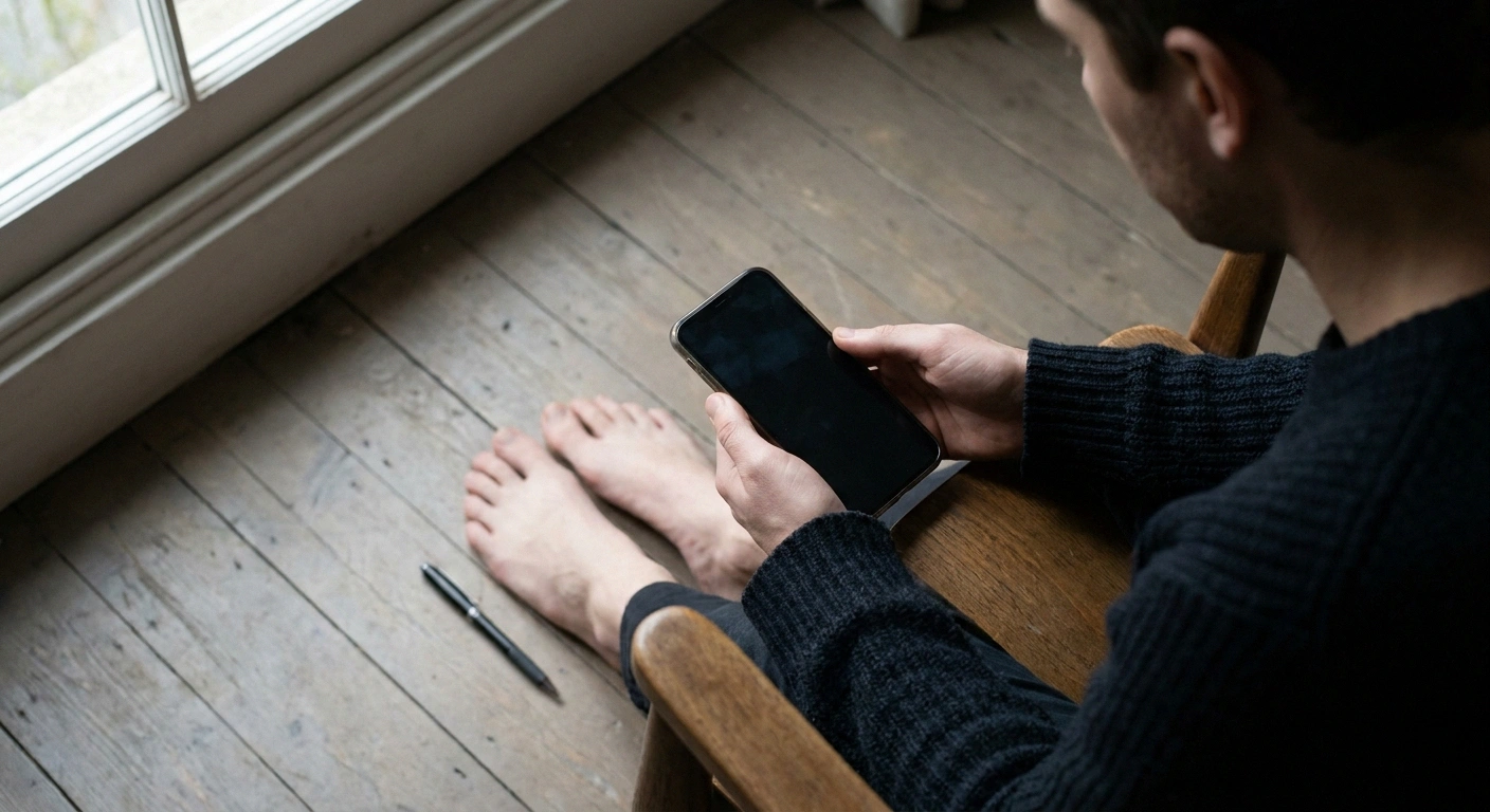 Person photographing their two bare feet from above with a pen for scale.