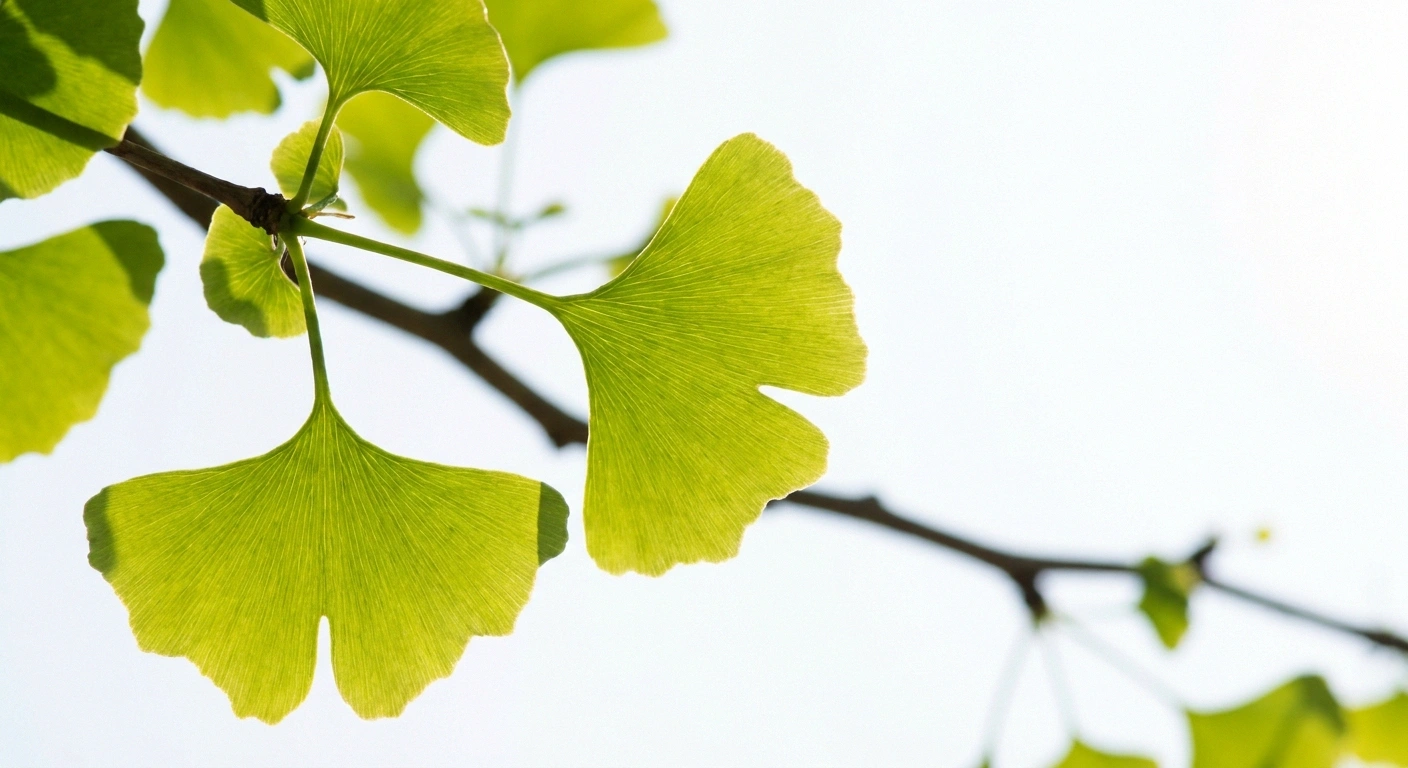 Backlit ginkgo leaves showing their fan shape and translucent veins against bright sky