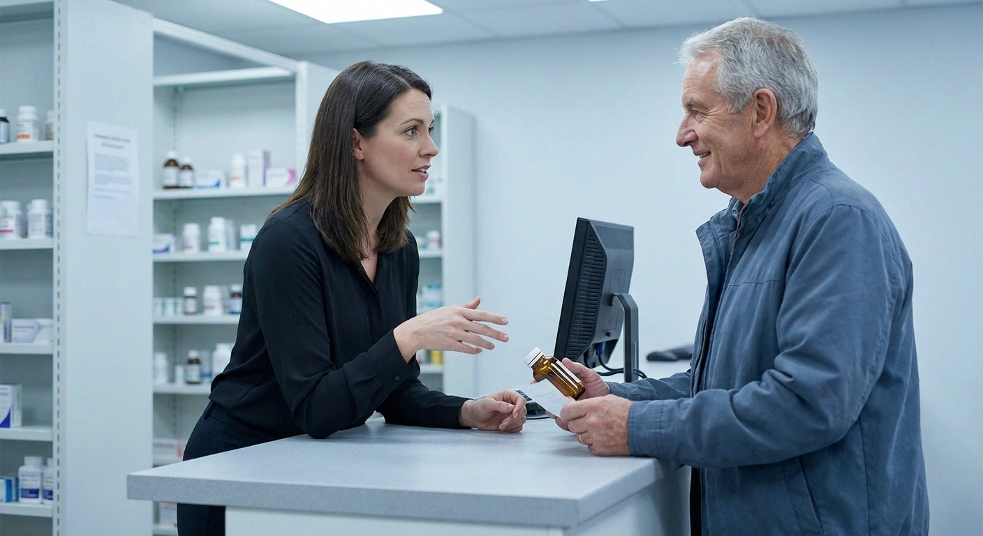 Customer holding a plain bottle in conversation with a pharmacist at a consultation counter