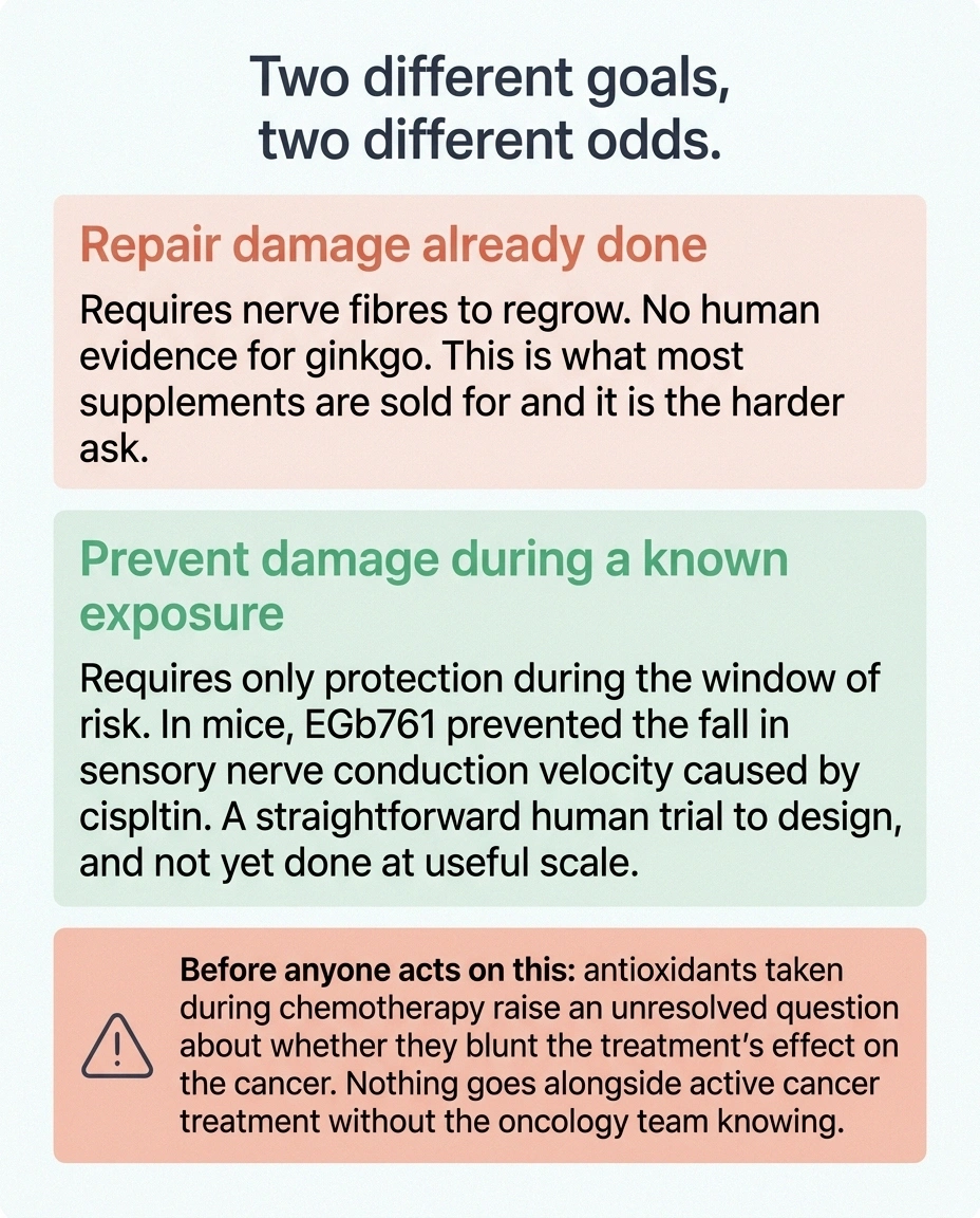 Card contrasting nerve repair with nerve protection and a chemotherapy caution band