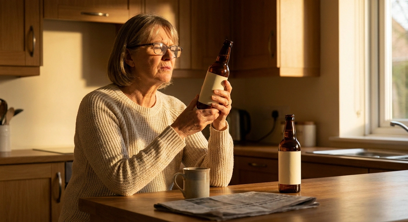Woman in a kitchen reading the label on a plain supplement bottle in low evening sun