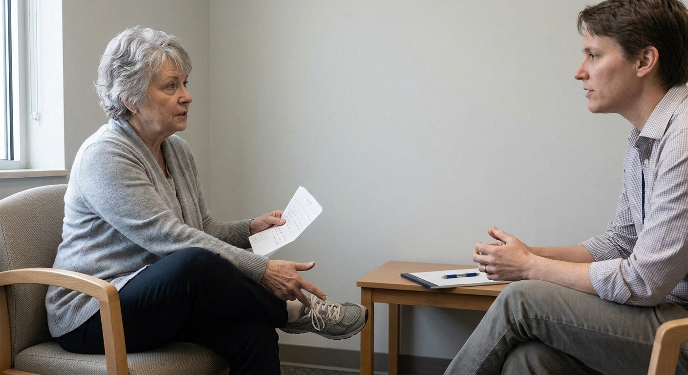 Patient talking with a seated clinician while holding handwritten notes