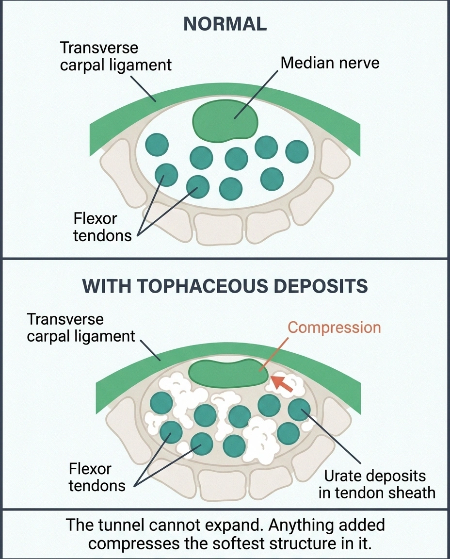 Carpal tunnel cross-section comparing normal spacing with urate deposits compressing the median nerve