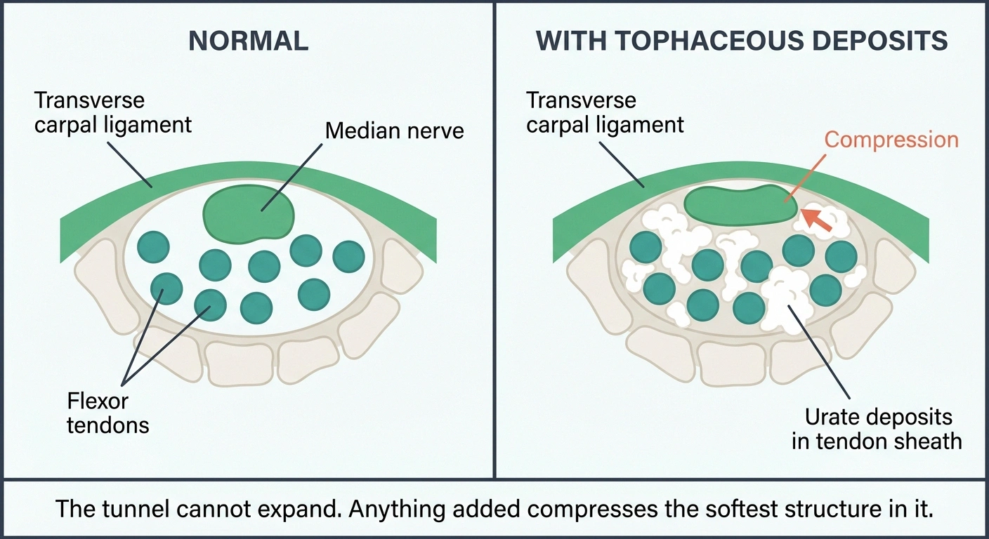 Carpal tunnel cross-section comparing normal spacing with urate deposits compressing the median nerve
