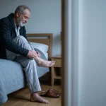 Older man sitting on bed examining his bare foot in morning light