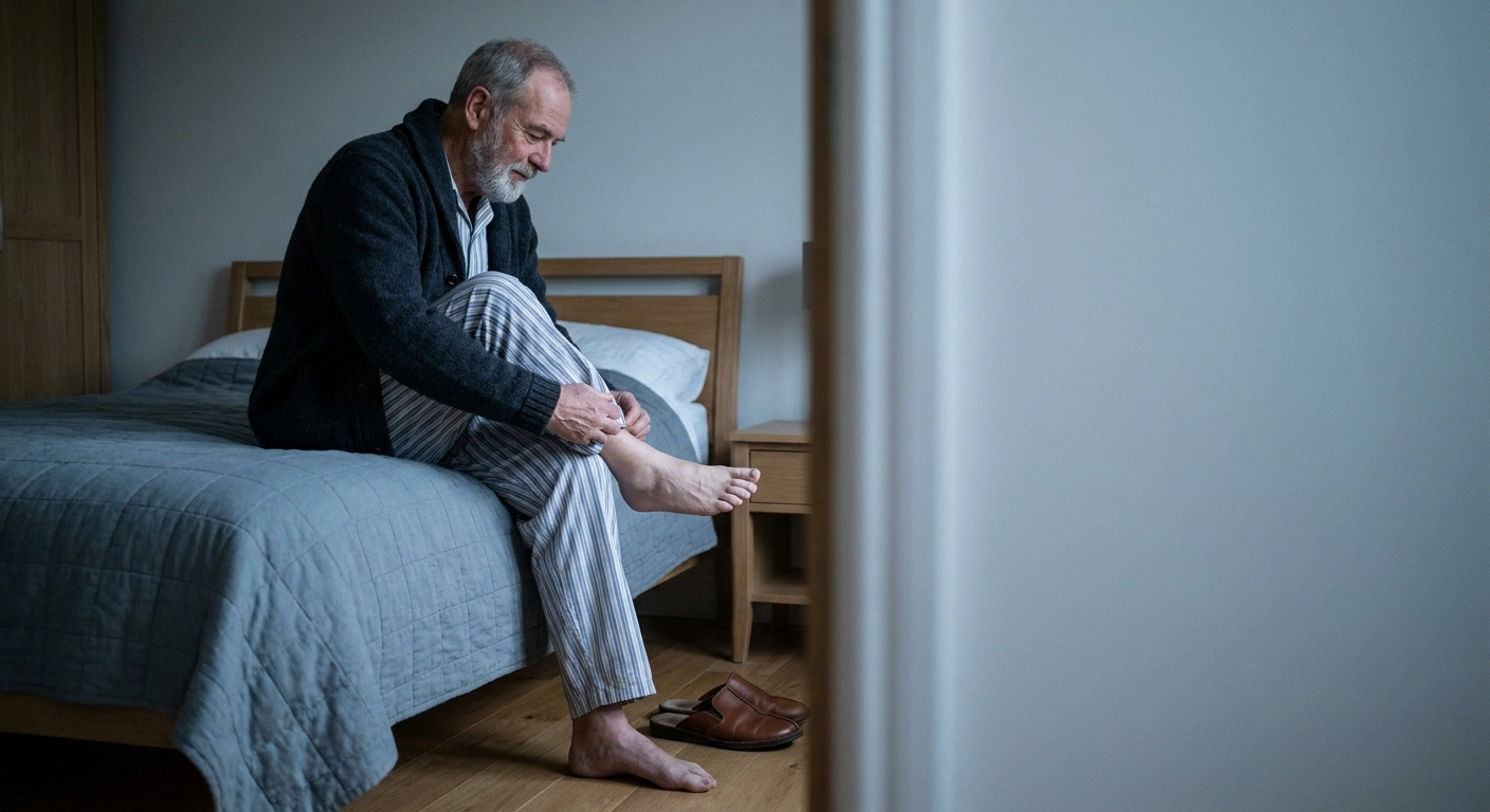 Older man sitting on bed examining his bare foot in morning light