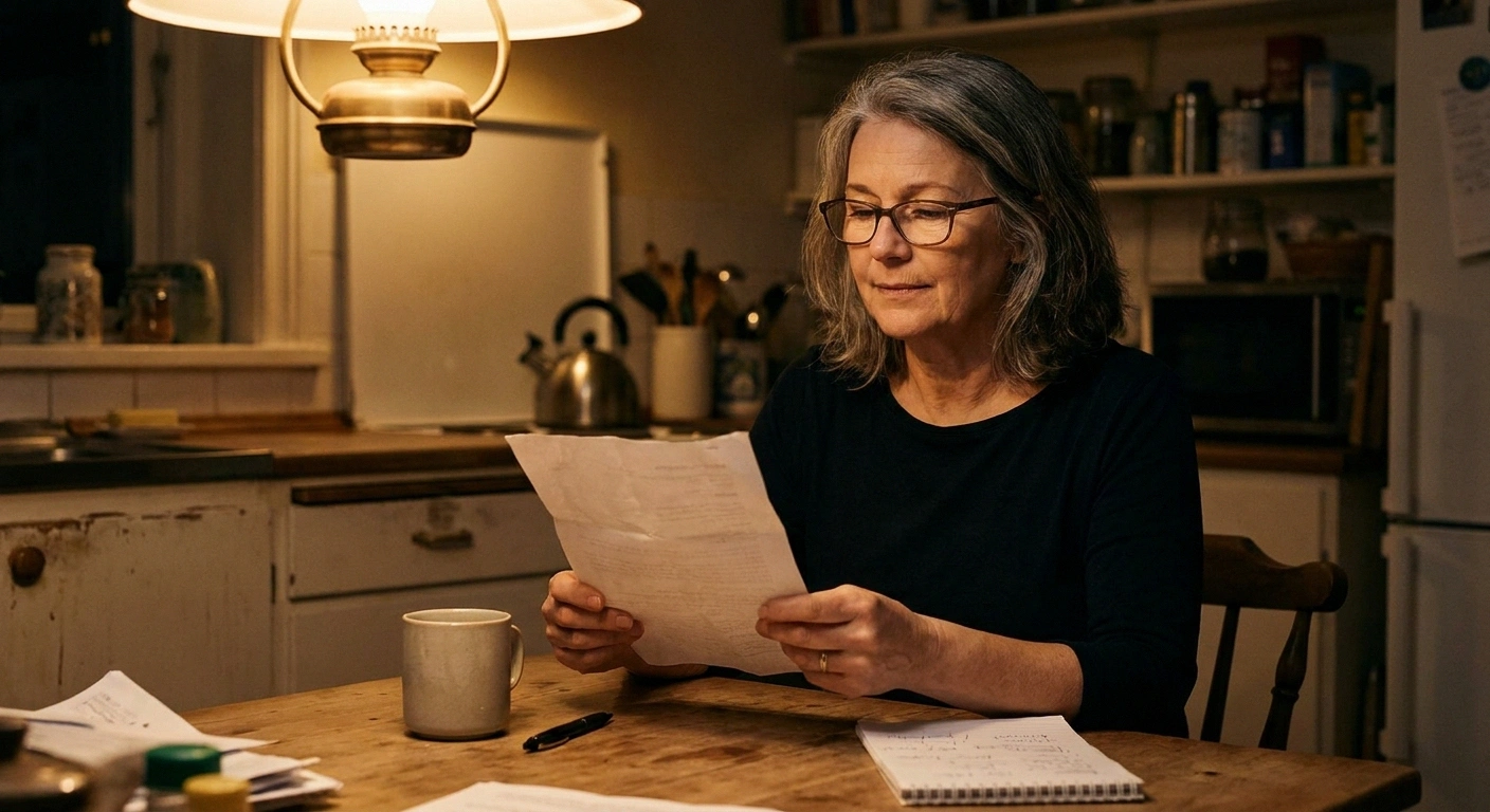 Woman at kitchen table reading a lab result sheet under warm lamplight