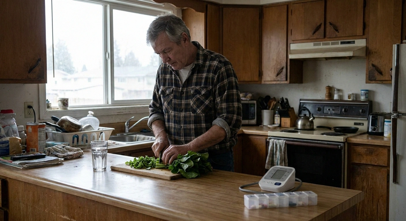 Man preparing a simple meal at a kitchen counter in daylight