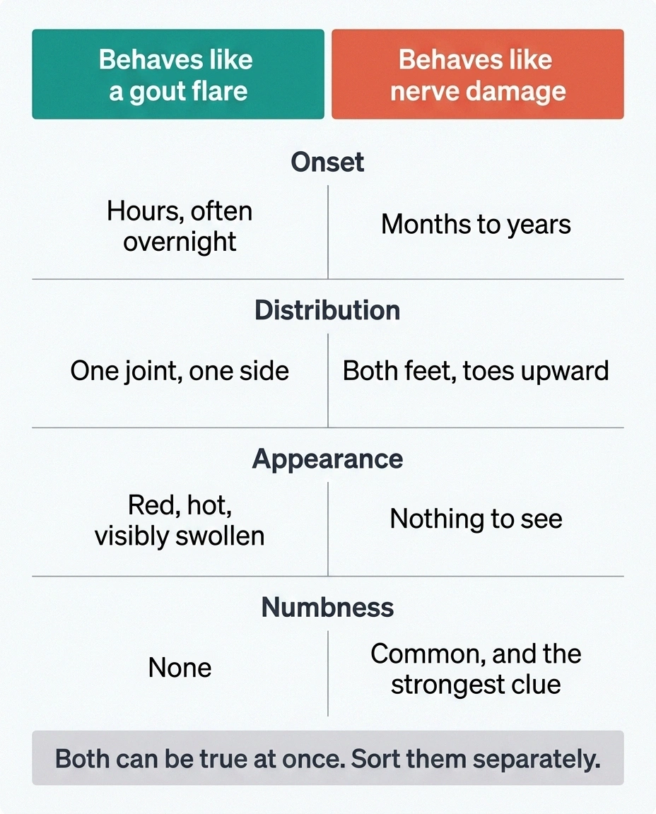 Comparison grid contrasting gout flare features with peripheral neuropathy features